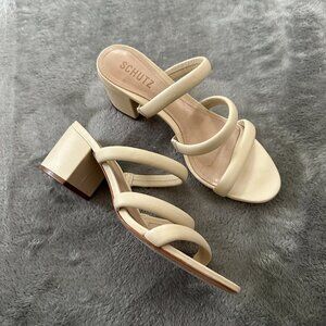 Schutz Olly Block Heel Strappy Sandals Shoes Women's 8.5 Cream Leather